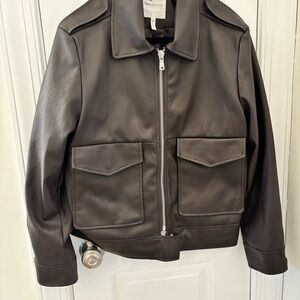 Avec Les Filles Dark Chocolate Brown Faux Leather Moto Bomber Jacket size S